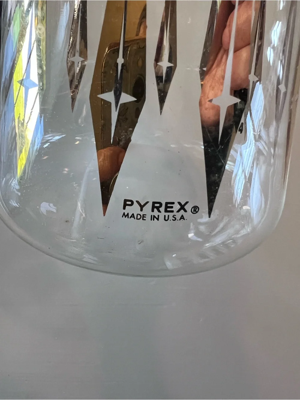 Pyrex Clear Glass Coffee Carafe with Gold Starburst Pattern and Black Handle